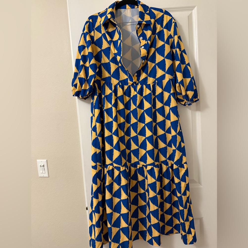 Geometric Blue and Yellow Dress - Picture 3 of 3